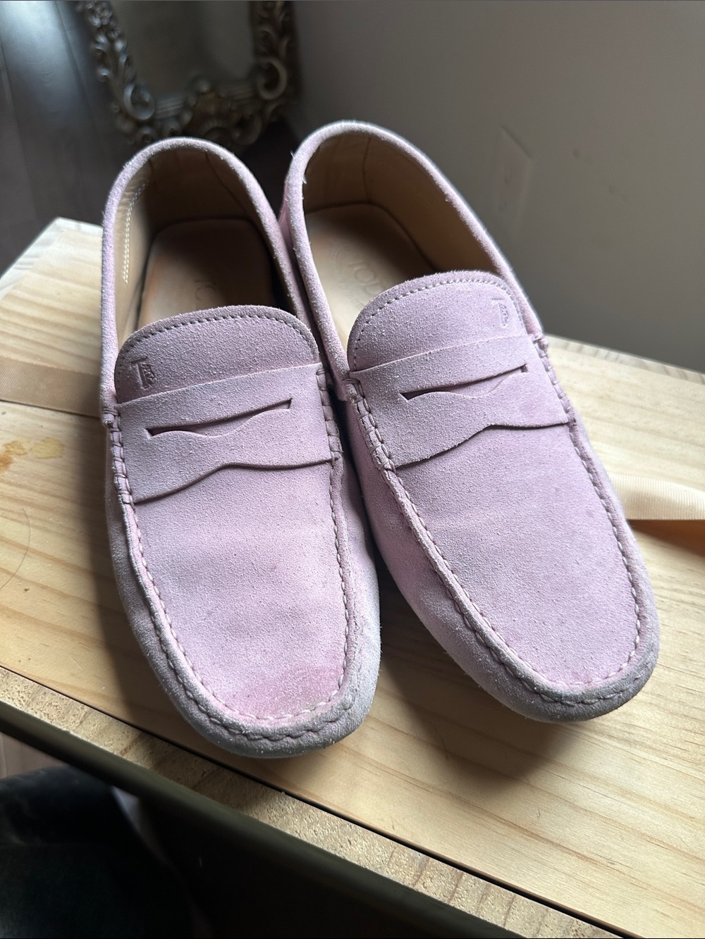 Tod's Pink Suede Penny Loafers